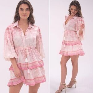 Alicia Bell Heart Bailey Long Sleeve Tiered Ruffle Mini Dress Pink White, XS